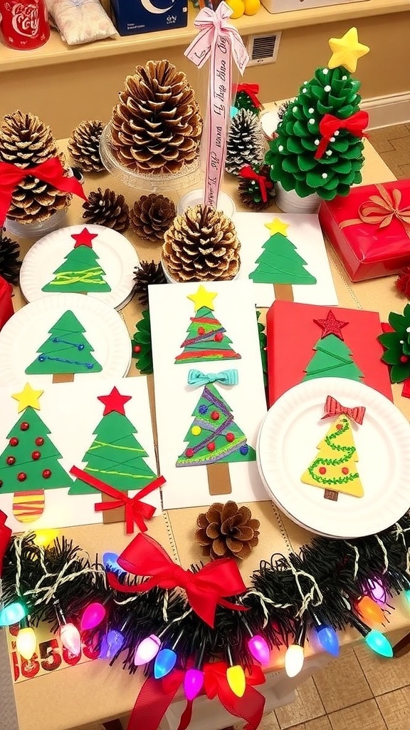 A collection of colorful Christmas crafts for kids, including painted pine cones and paper plate trees on a festive table.